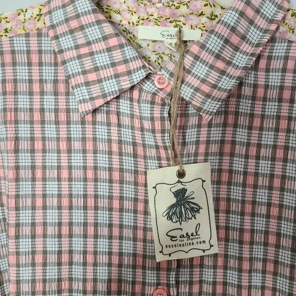 New! Easel Button Front Collared Plaid Floral Short Sleeve Blouse S - Picture 4 of 4